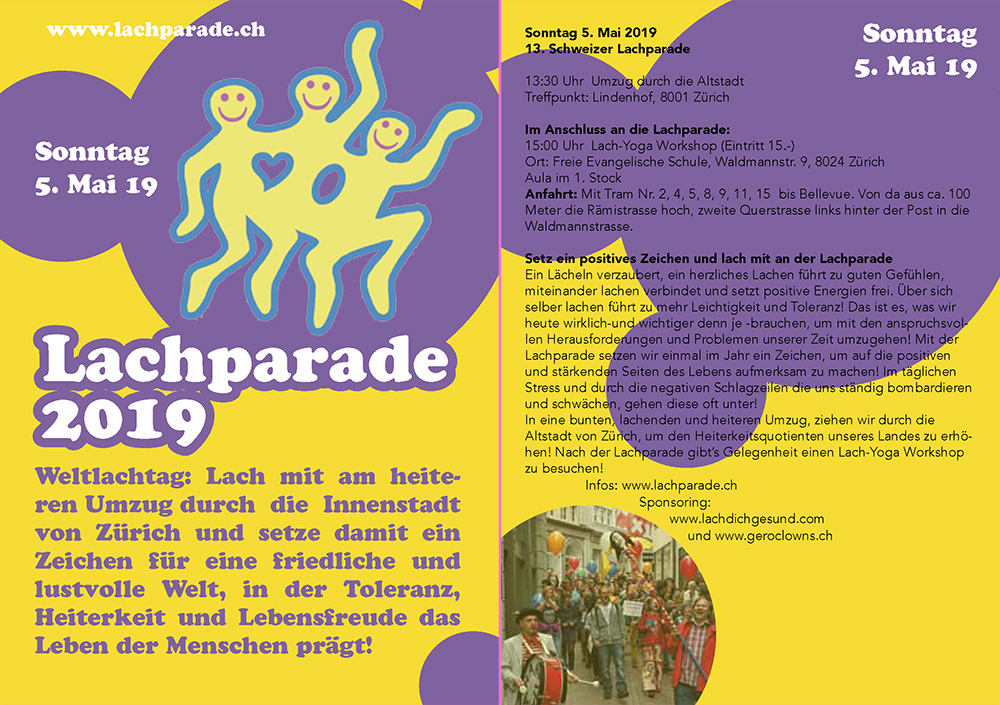 Flyer Lachparade zum Weltlachtag in Zürich 2019